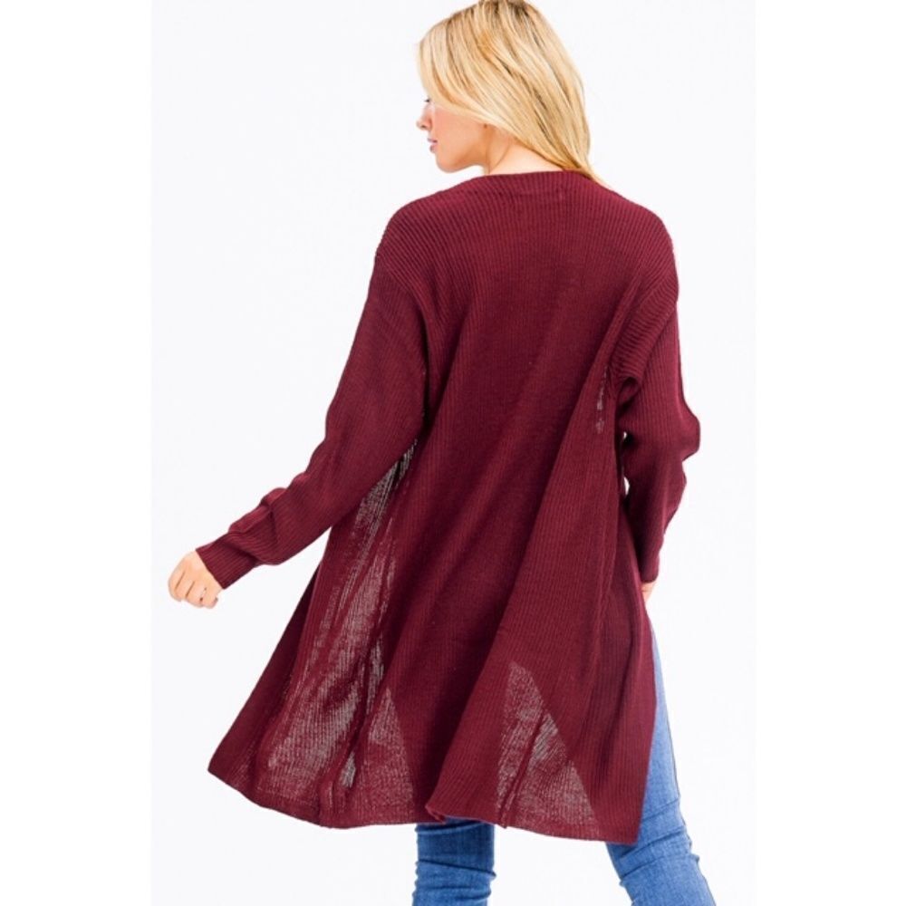 Burgundy Ribbed Open Front Duster Cardigan- Small - Picture 5 of 6